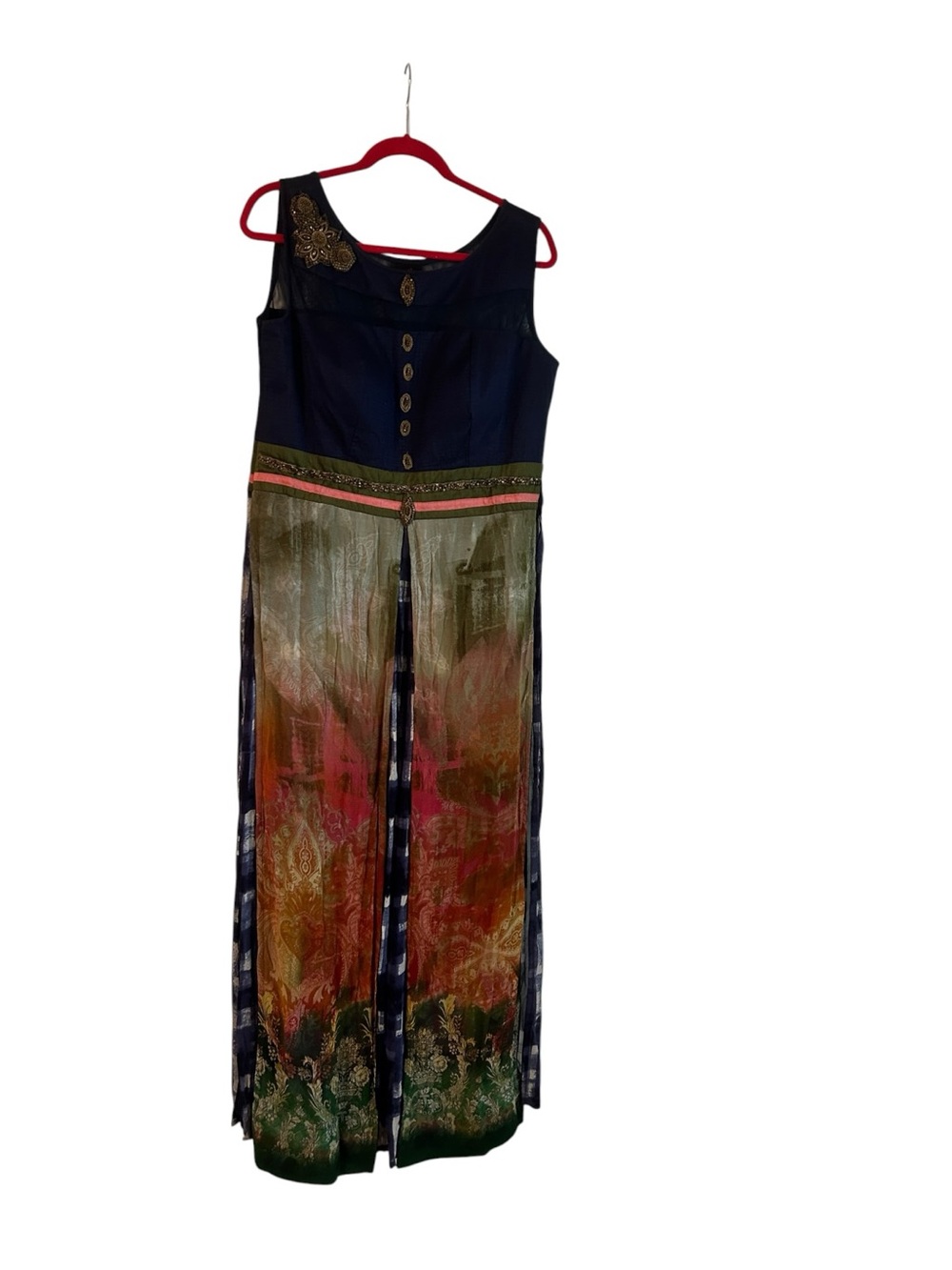 Karishma Navy Sleeveless Maxi Dress with Multicolor Printed Split Skirt